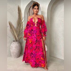 Sexy Vacation Cold-Shoulder High Slit Maxi Dress